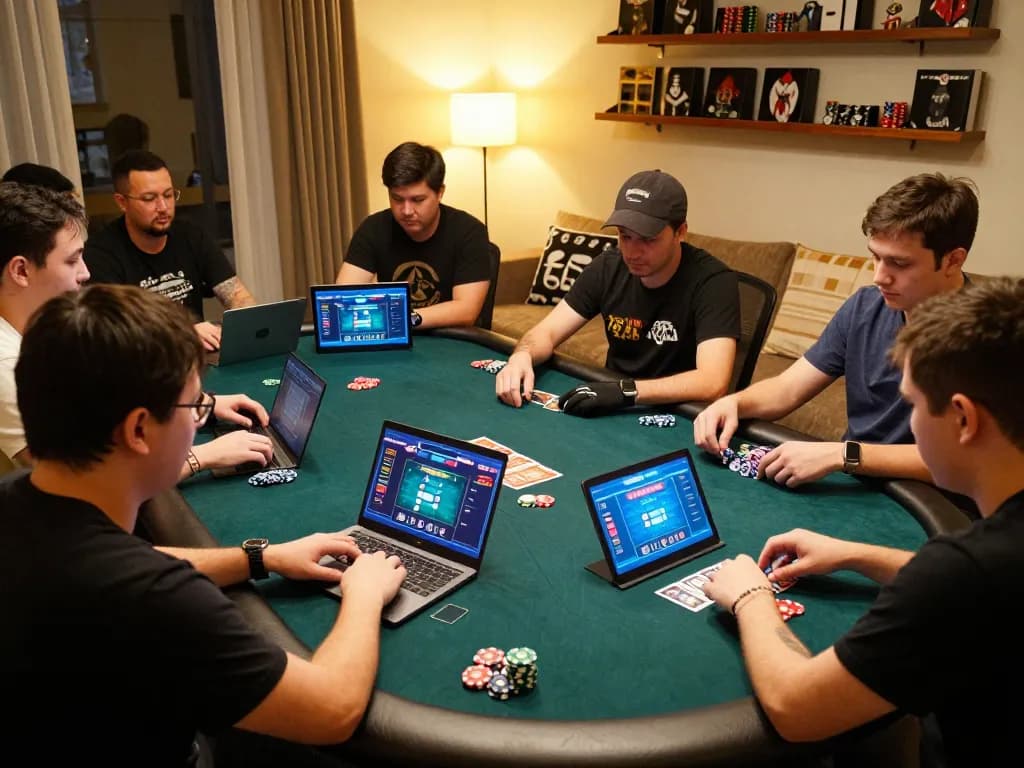 Engaged players enjoying Poker Uang Asli Dominobet on tablets and laptops in a cozy home setting