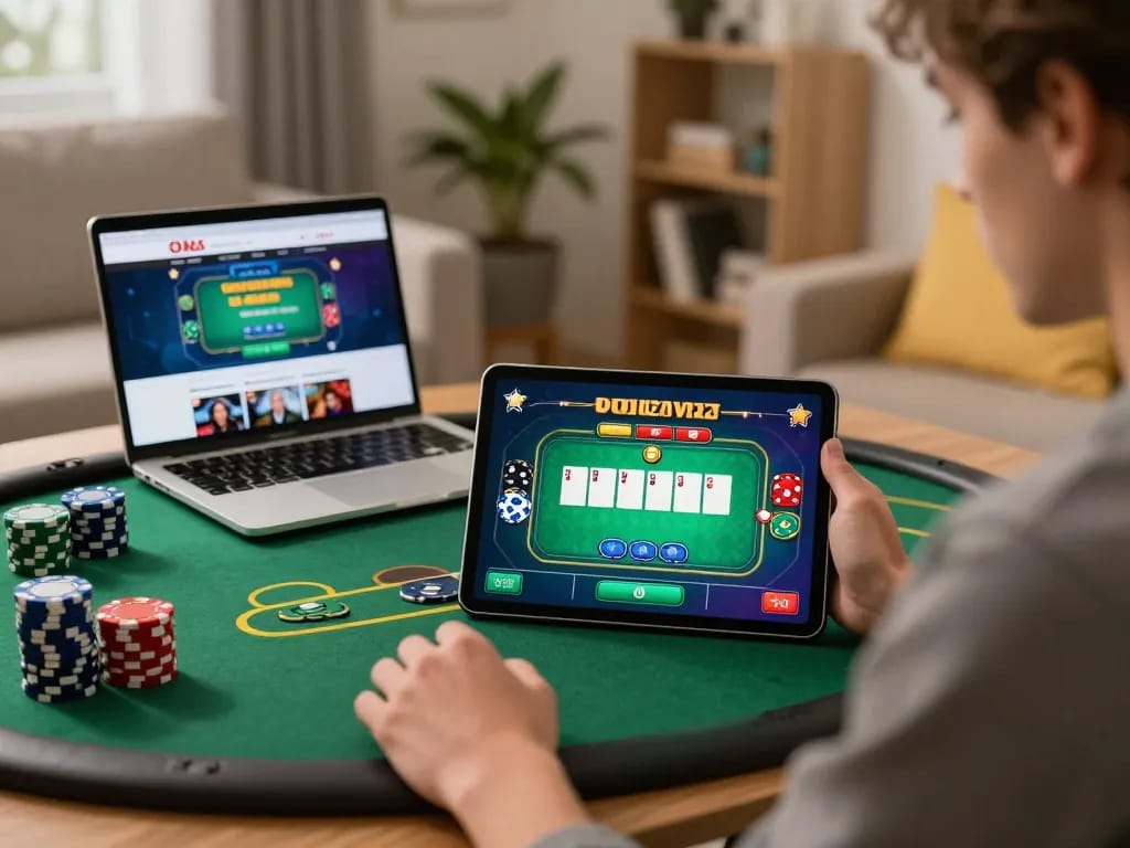 Rokok88 user enjoying an engaging online poker game on a tablet in a cozy home atmosphere.