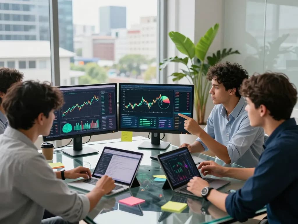 Collaboration in a vibrant workspace focused on a crypto earning platform with professionals analyzing data and discussing strategies.