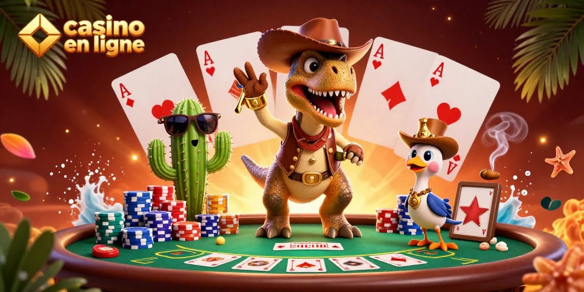Jouer dans un casino en ligne avec des dinosaures, des jetons de poker et une ambiance festive.