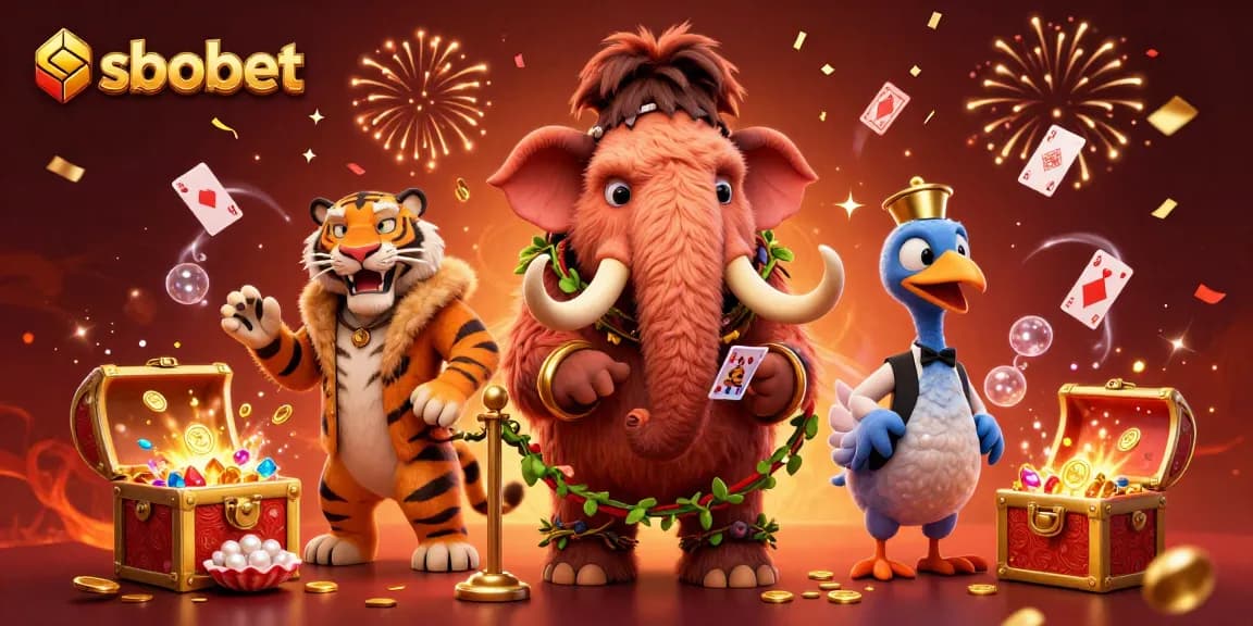 sbobet players enjoy a vibrant casino scene with a bouncer, VIP guest, and playful elements