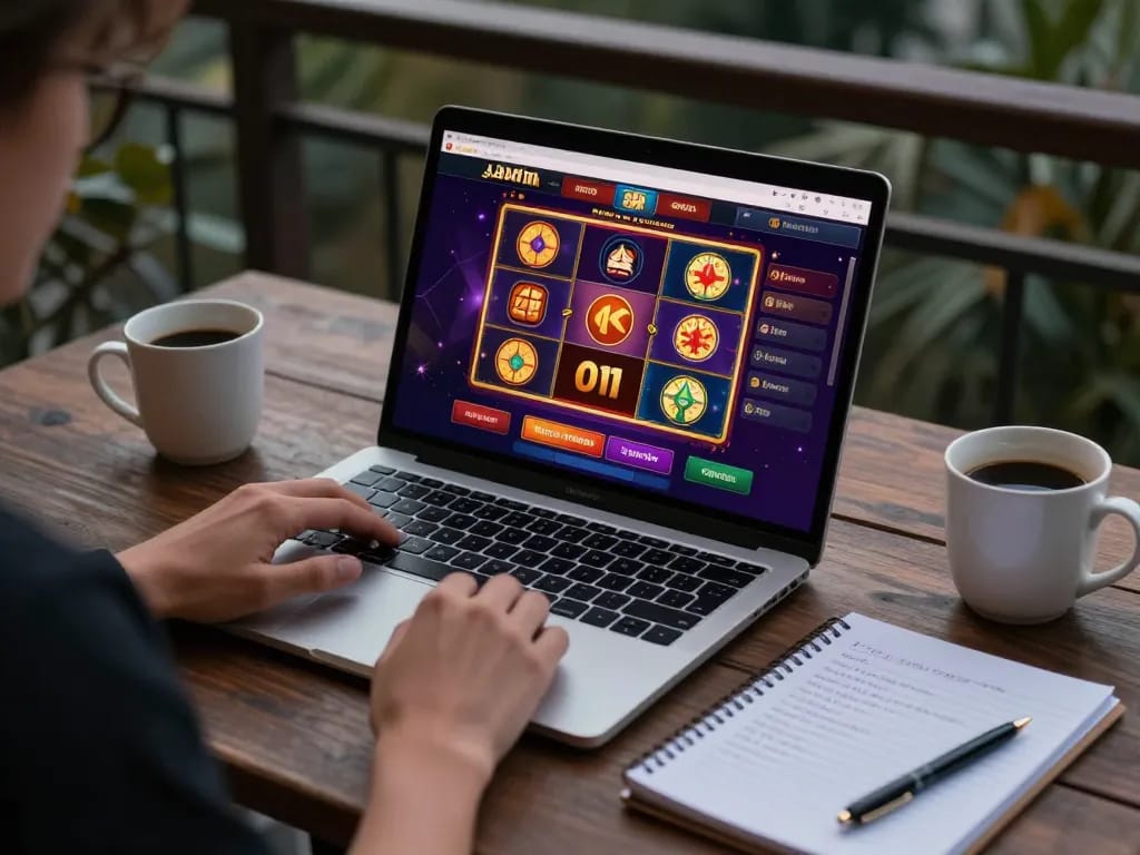 Engaging in online casino gameplay at kim99 with vibrant gaming interface and strategic betting notes