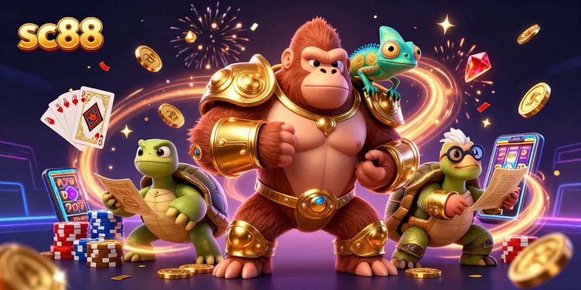 Engage in thrilling gameplay with the sc88 casino's dynamic 3D cartoon illustration featuring a gorilla king and more.
