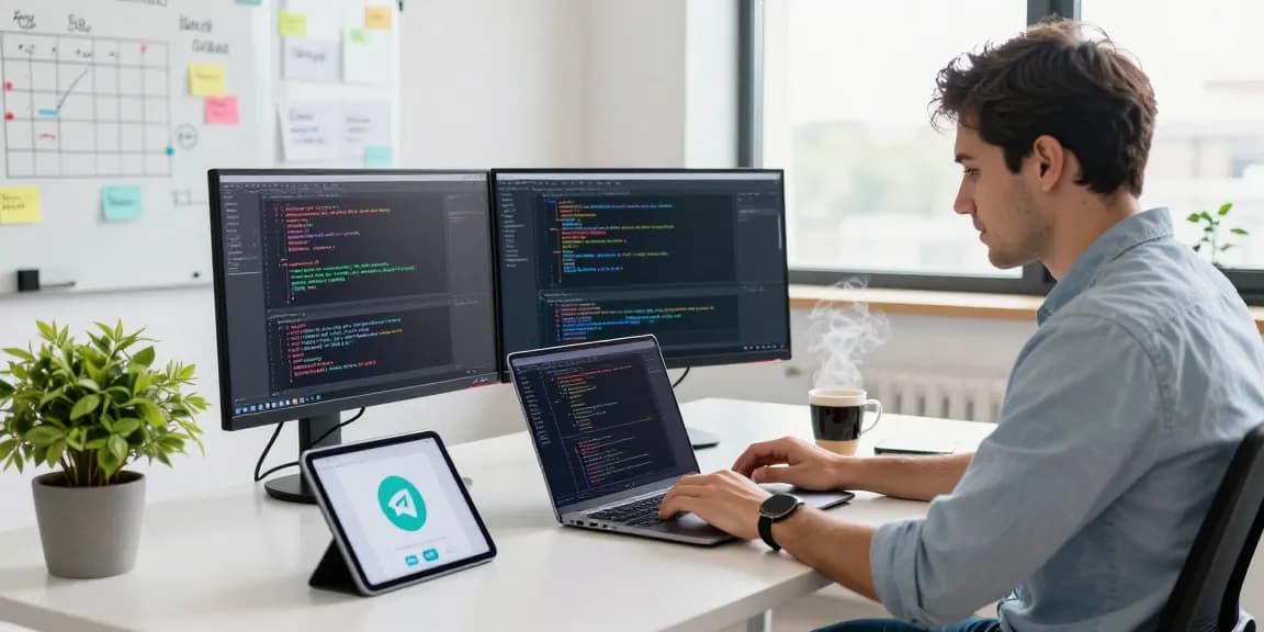 Workspace with coding activity, showcasing telegram官网 usage in a tech environment.