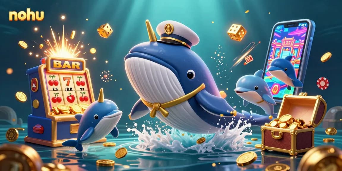 Win big with NOHU's immersive jackpot scene featuring playful dolphins and a whale amidst golden coins.