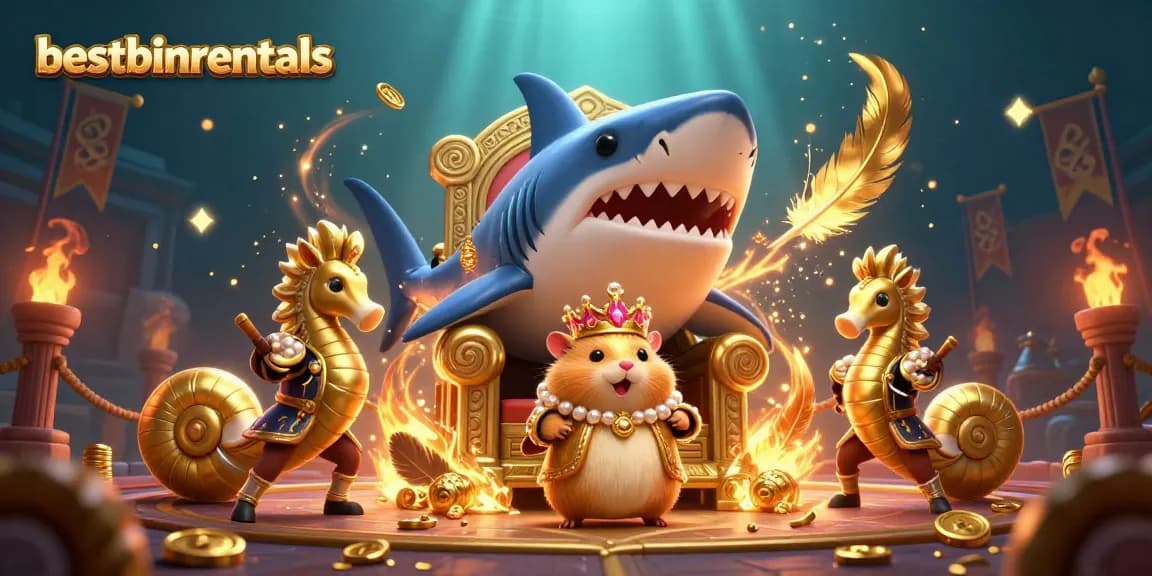 Experience the excitement of bestbinrentals with a captivating 3D casino scene featuring a golden hamster king and seahorse guards.