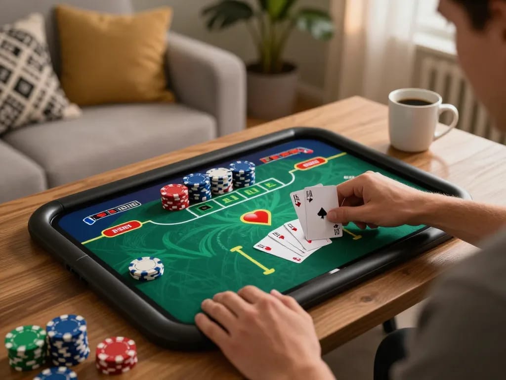 Engaging player placing a strategic bet in online poker on superjp mobile app in cozy atmosphere.