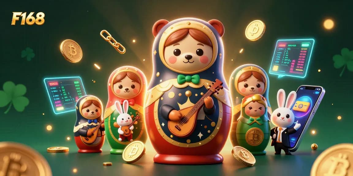 Play and win with F168 in a vibrant casino-themed illustration full of engaging elements.