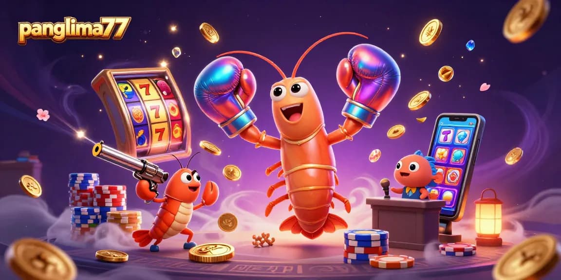 Panglima77 showcasing slot game excitement with vibrant shrimp characters amid cascading coins and gems.