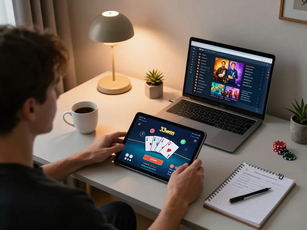 Player enjoying online casino at home with 33win poker app, showcasing betting strategies