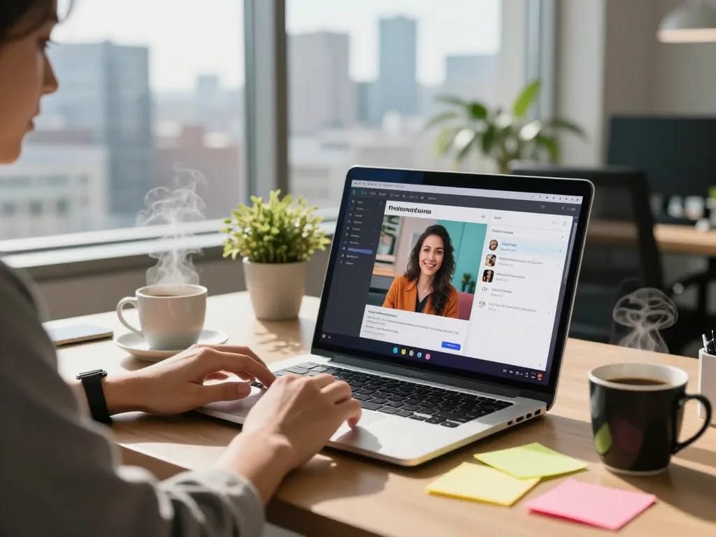 Person using the image to prompt generator in a modern office setting with vibrant visuals on screen.