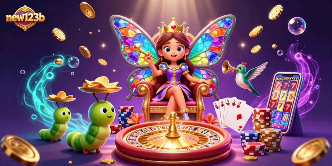 Experience the excitement of new123b with vibrant casino elements in a magical scene featuring a butterfly queen.