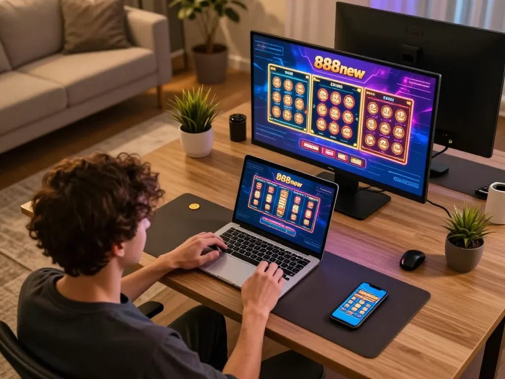 Person enjoying online gaming experience on 888new, placing bets on a vibrant digital casino interface.