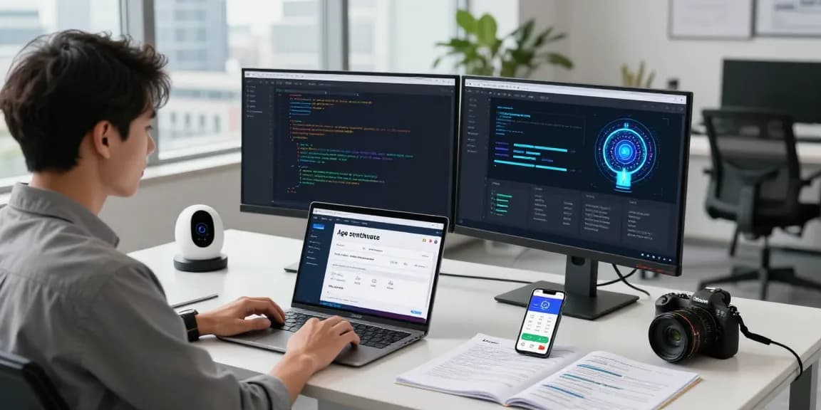 Professional age verification system integration in a modern office with AI algorithms displayed on monitors.