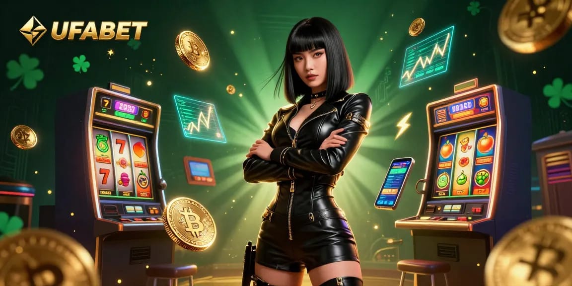 Experience UFABET's exciting slot gaming with 3D vibrant elements, golden coins, and a stunning Asian woman.
