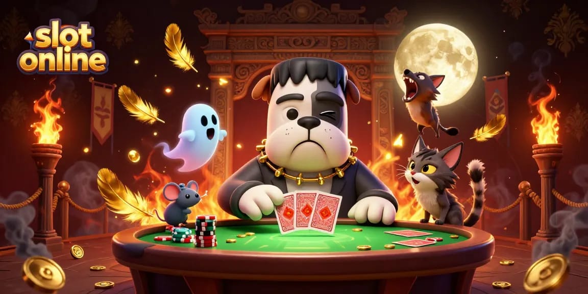 Slot online menampilkan monster bulldog Frankenstein bermain kartu di meja kasino yang mengesankan.