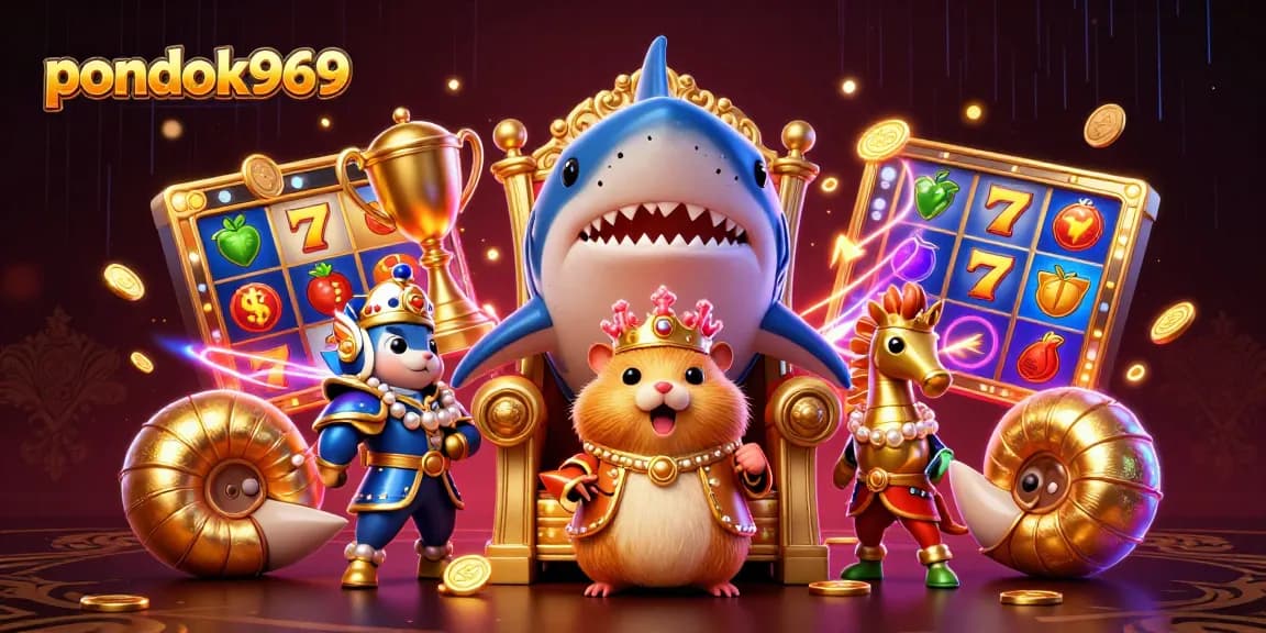 Pondok969 features a fierce golden hamster king surrounded by gambling elements, illustrating winning slot games.