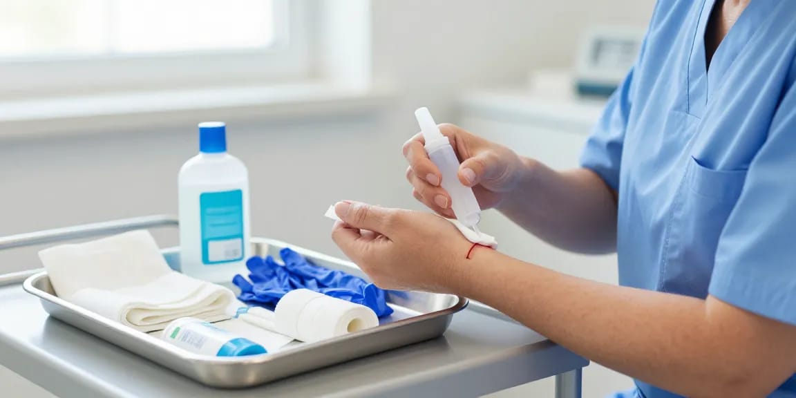 Carefully applying 傷口清洗液 for effective wound cleaning in a clinical setting