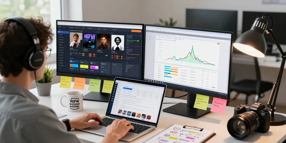NSFW content moderation workspace with tools for analysis and guidelines, showcasing focus and creativity.