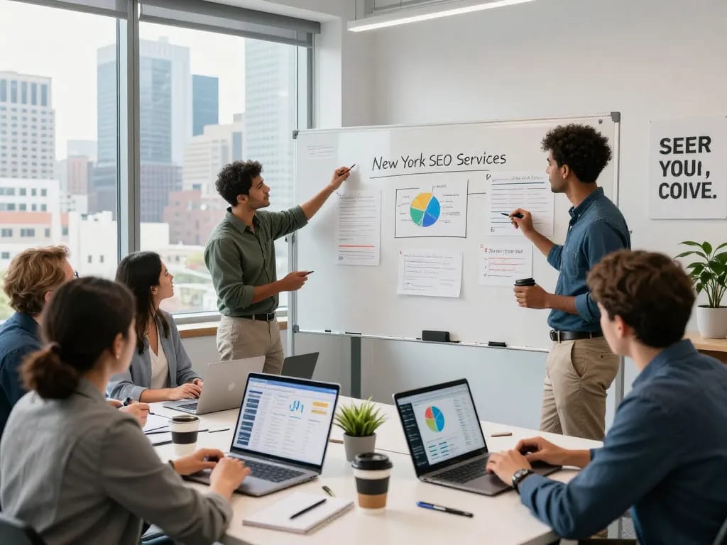 Team collaboratively planning New York SEO Services in a modern office, showcasing vibrant teamwork and innovative strategies.