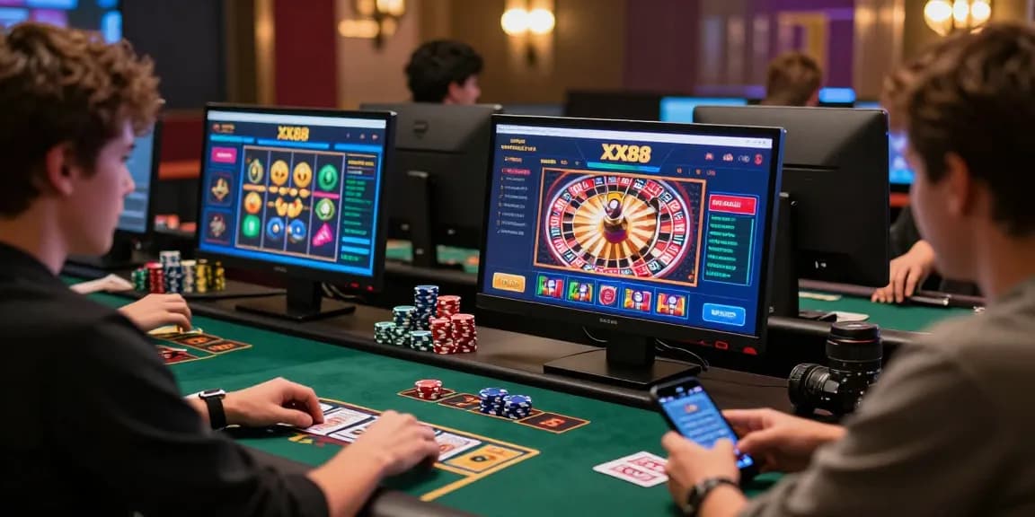 Engaged players enjoying thrilling XX88 online gaming experience with casino chips and vibrant screens.
