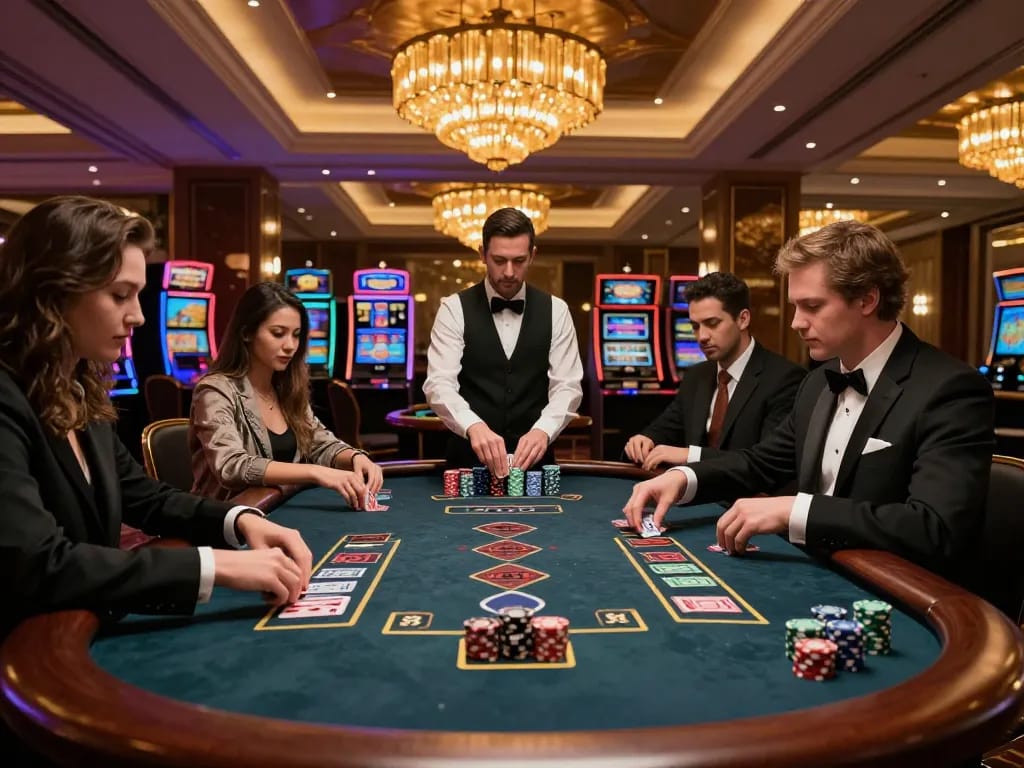 Engage with exciting blackjack gameplay at lc88, featuring focused players and a professional dealer in a luxurious casino