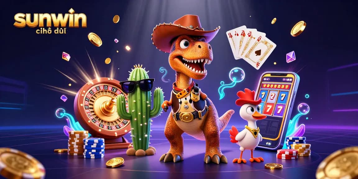 Play and win with sunwin chính thức in this exciting 3D casino scene featuring vibrant characters.