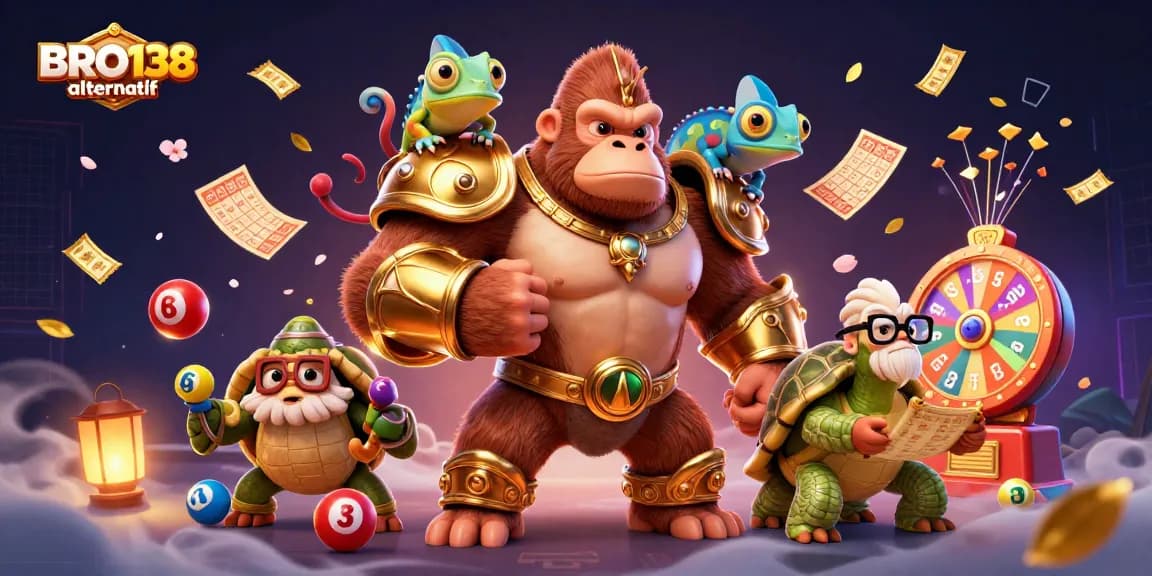 Engage with BRO138 alternatif as a cartoon gorilla king leads a dynamic gambling adventure with vibrant colors and excitement.