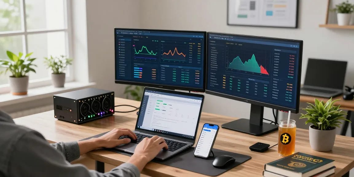 cloud mining company workspace showcasing cryptocurrency mining performance on multiple screens and digital wallet management.