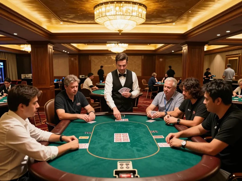 KJC poker players engaged in a game, dealer shuffling cards in an upscale casino setting.