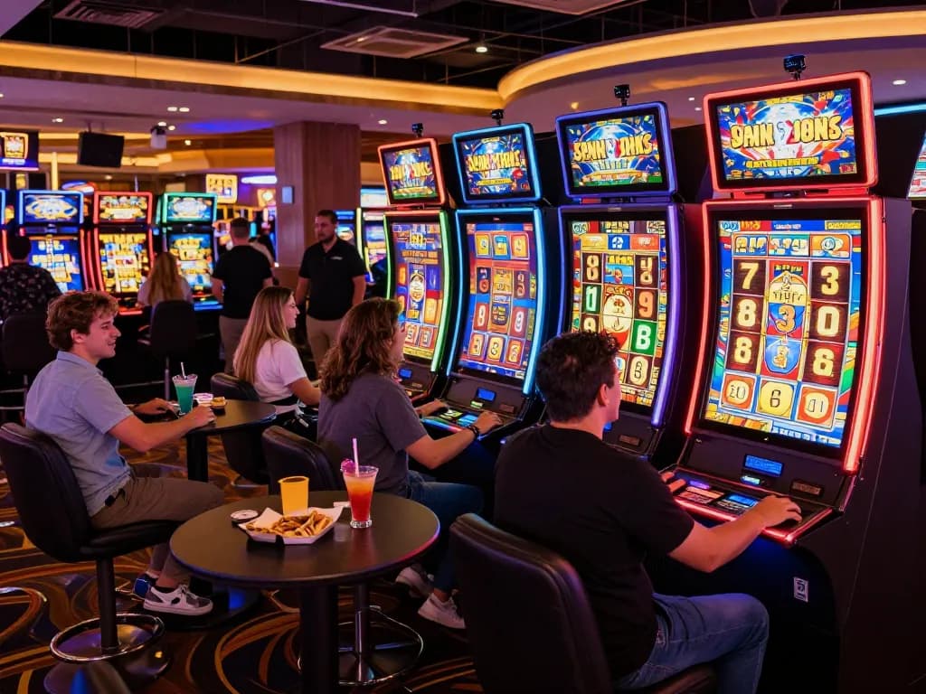 Players spinning slot machines in a vibrant casino with colorful lights and engaging gameplay.