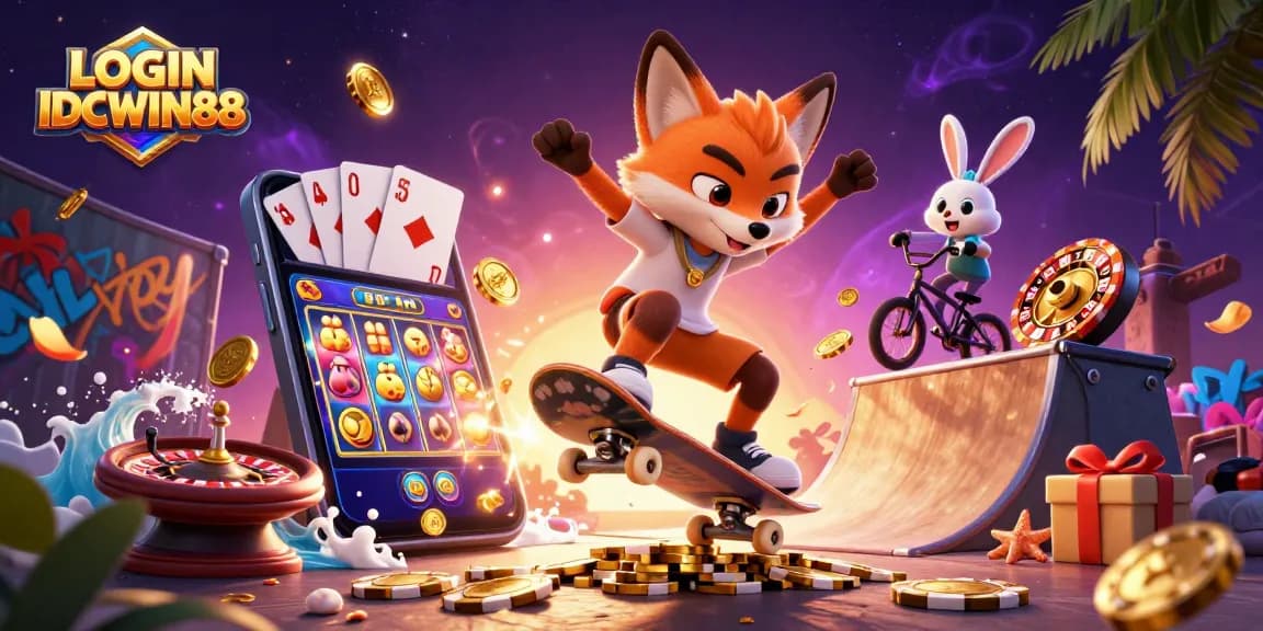 Engage with LOGIN IDCWIN88 in a vibrant 3D casino scene with animated fox and rabbit characters.