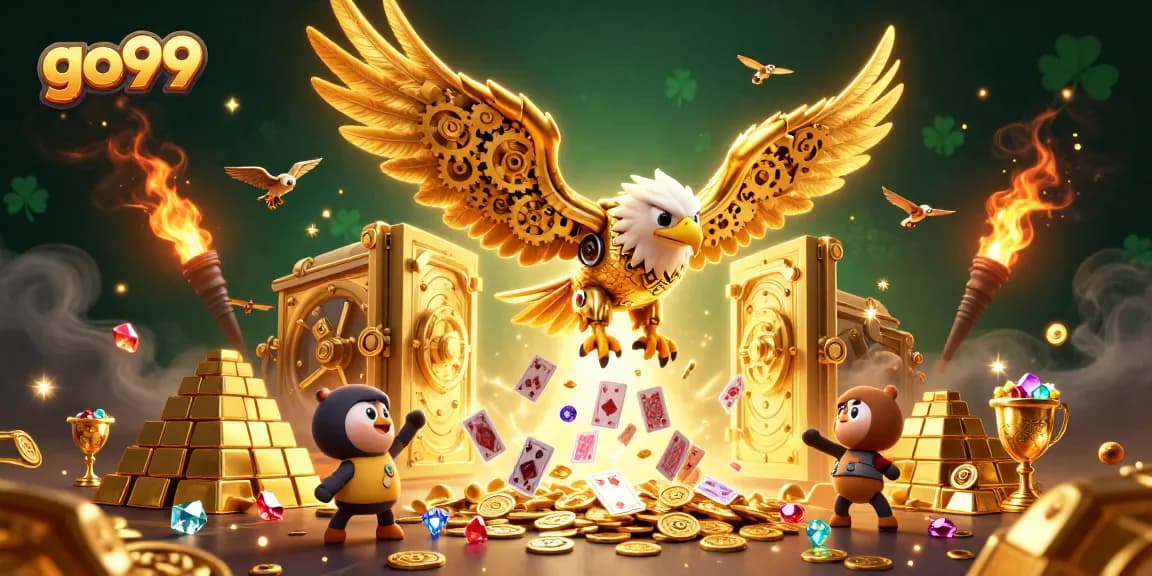 Experience go99's exciting gaming world with a golden eagle amidst dazzling treasures and cards.