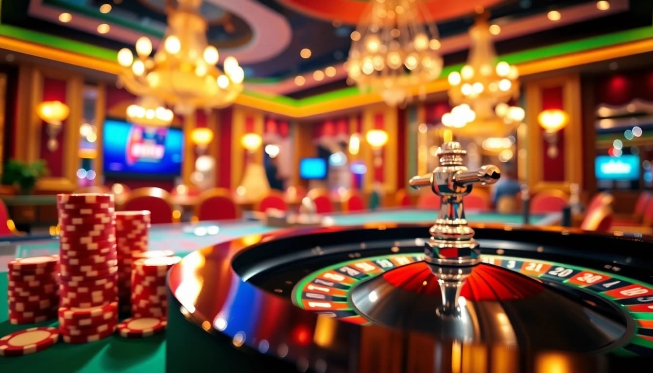 Engaging scene of a Non Uk Casino roulette table with vibrant chips and luxurious atmosphere.