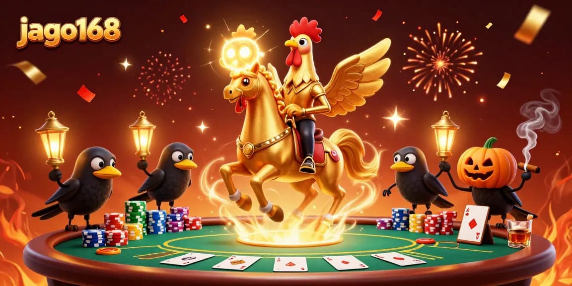 Experience the thrill of jago168 with a golden rooster in a casino scene filled with poker elements.