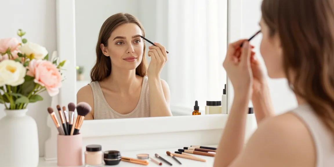 Applying eyebrow pencil light brown at a stylish vanity with natural light, creating an effortless beauty routine.