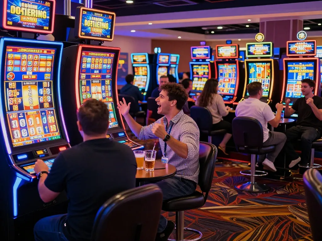 Players celebrating a win on a colorful link slot machine in a lively casino