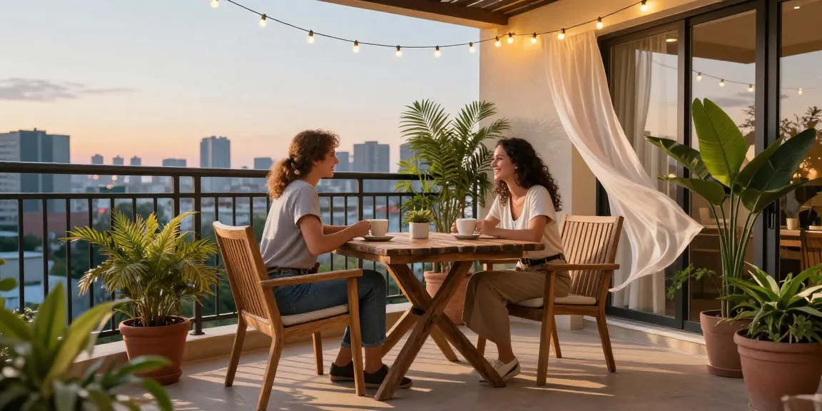 Cozy balcony patio furniture setting with a couple enjoying coffee and city skyline view.