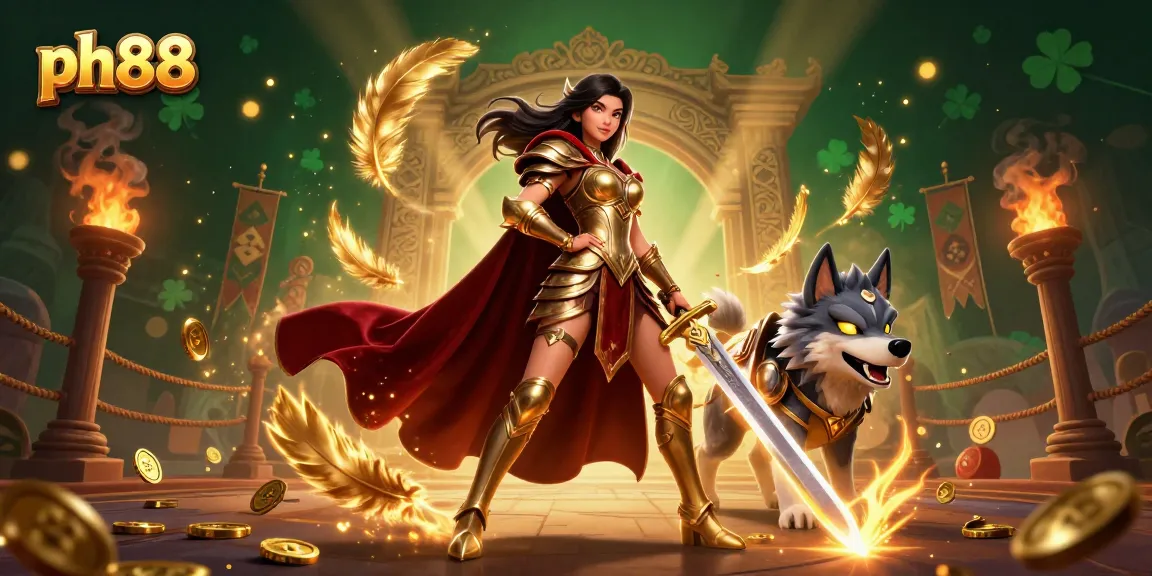 Experience thrilling gameplay at ph88 with a warrior queen, golden sword, and glowing wolf in a vibrant casino scene.