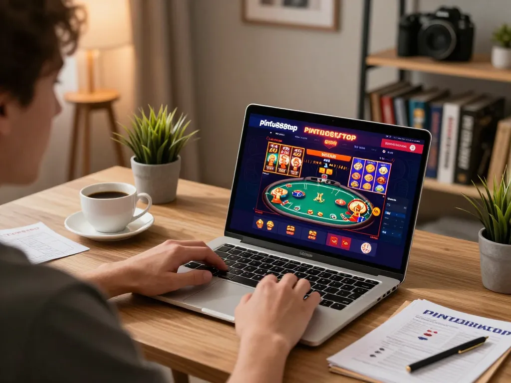 Engaging in online gaming with pintu888top at a stylish home office showcasing poker and slots.