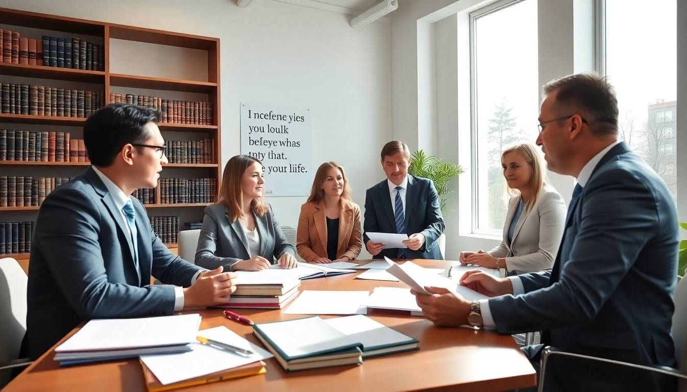 Discussing Probate with a legal team in a bright office setting featuring documents.