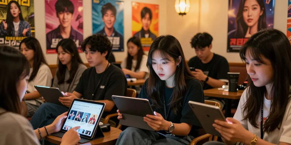 Engaging community discussing Asian culture through https://hanadultalk.com on digital devices, vibrant atmosphere.