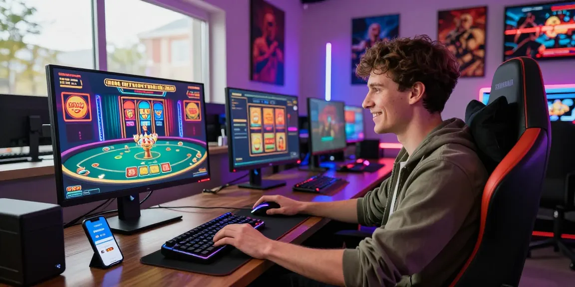 Spieler, der in einem Paysafe Card Casino mit lebhafter Spielatmosphäre und dynamischen Bildschirmen beschäftigt ist.