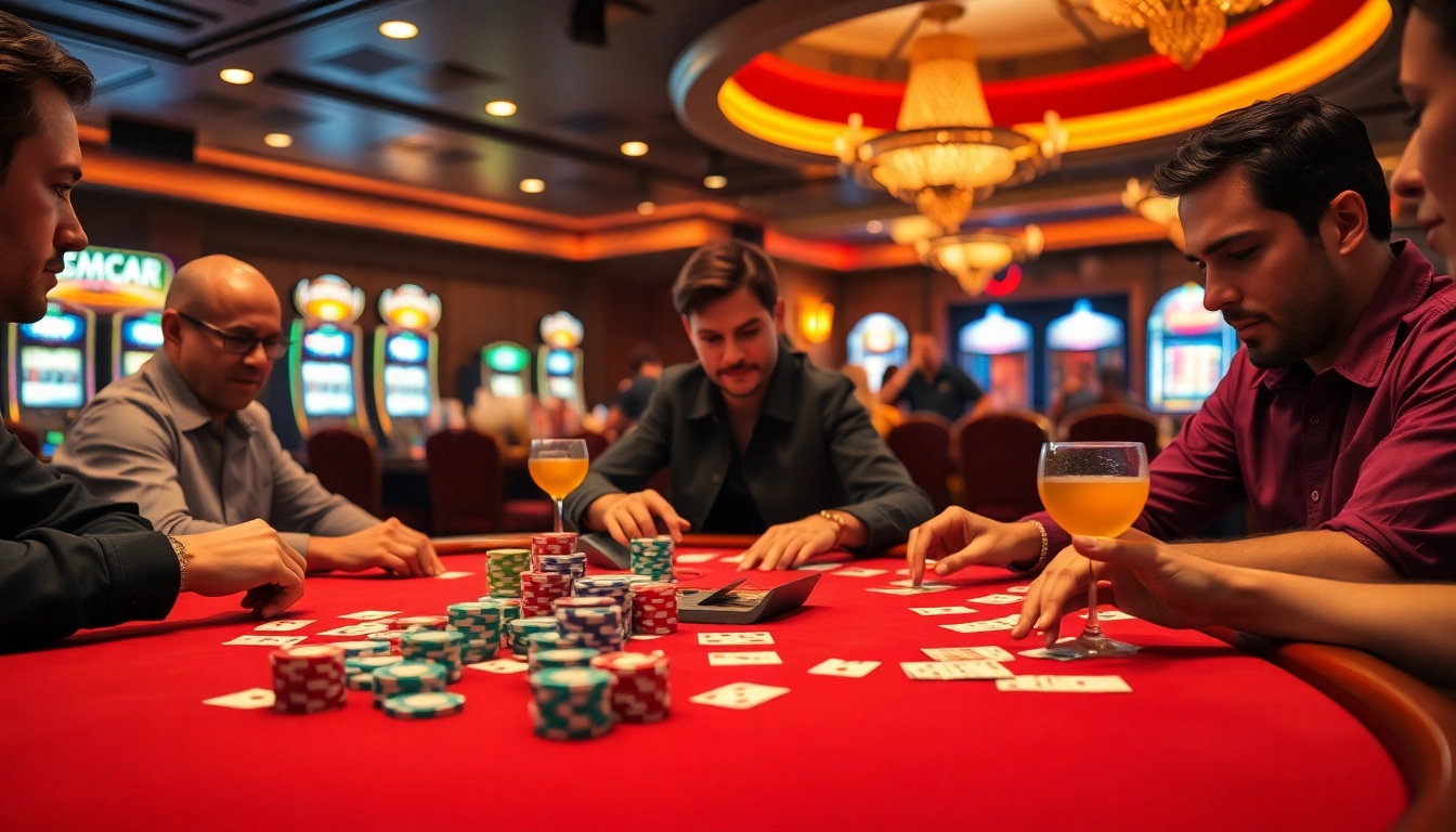 Main poker scene at a vibrant casino with bbni4d chips and players engaged.
