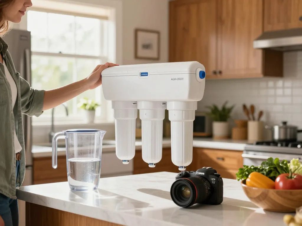 AQUA CREST 4396508 Replacement for Everydrop® Filter 5 installation in a bright kitchen with fresh produce.