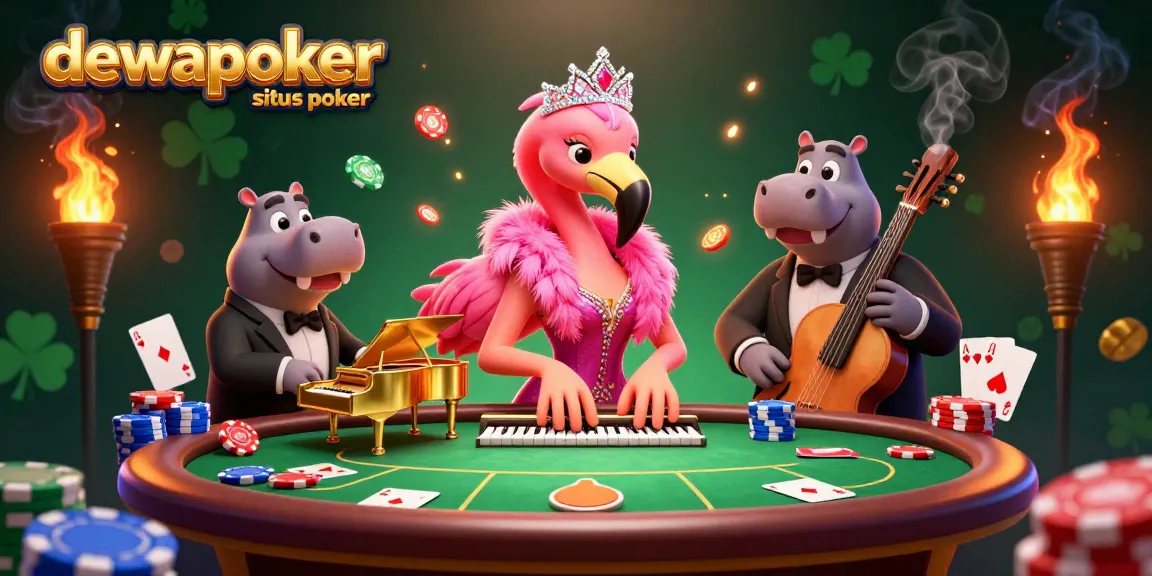 Join the excitement at dewapoker situs poker with a lively poker scene featuring vibrant characters and game elements.