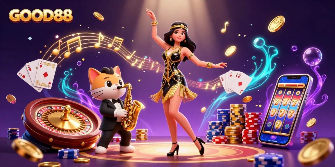Experience excitement with GOOD88 in this vibrant 3D casino scene showcasing dynamic gaming elements and characters.