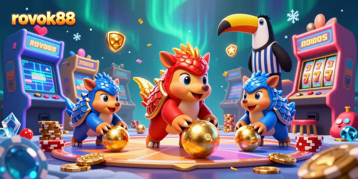 Experience the excitement of rokok88 with animated pangolins in a vibrant casino scene, showcasing lively gaming elements.