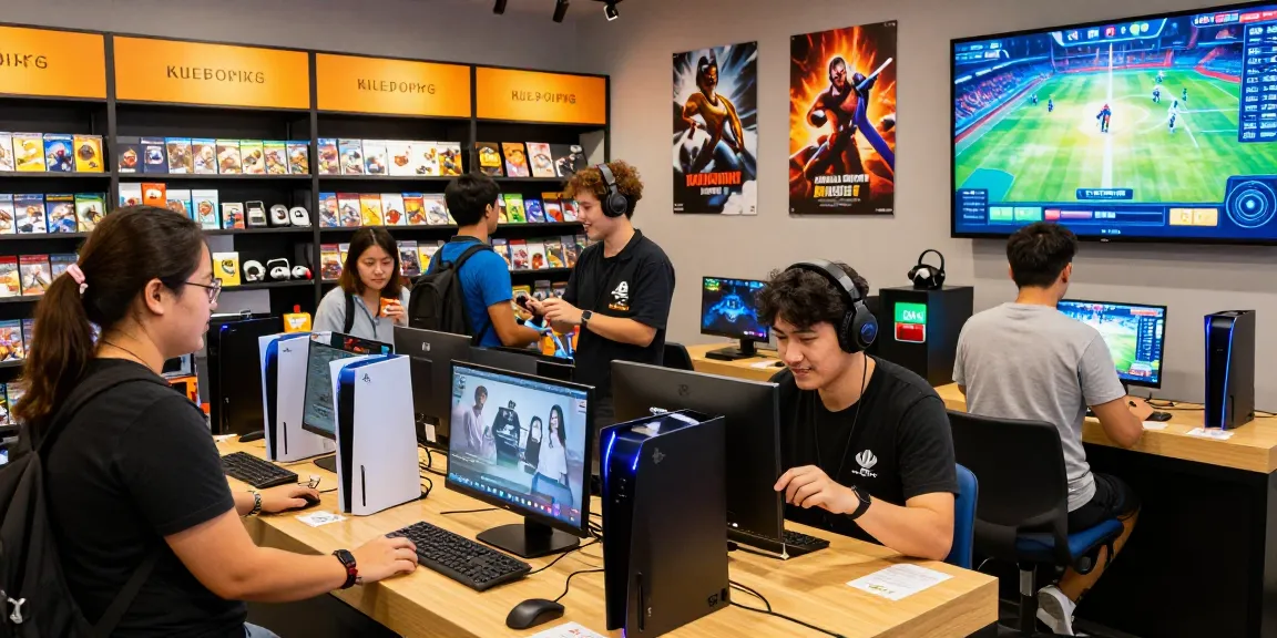 rokok88 game store scene with diverse customers exploring latest gaming consoles and accessories