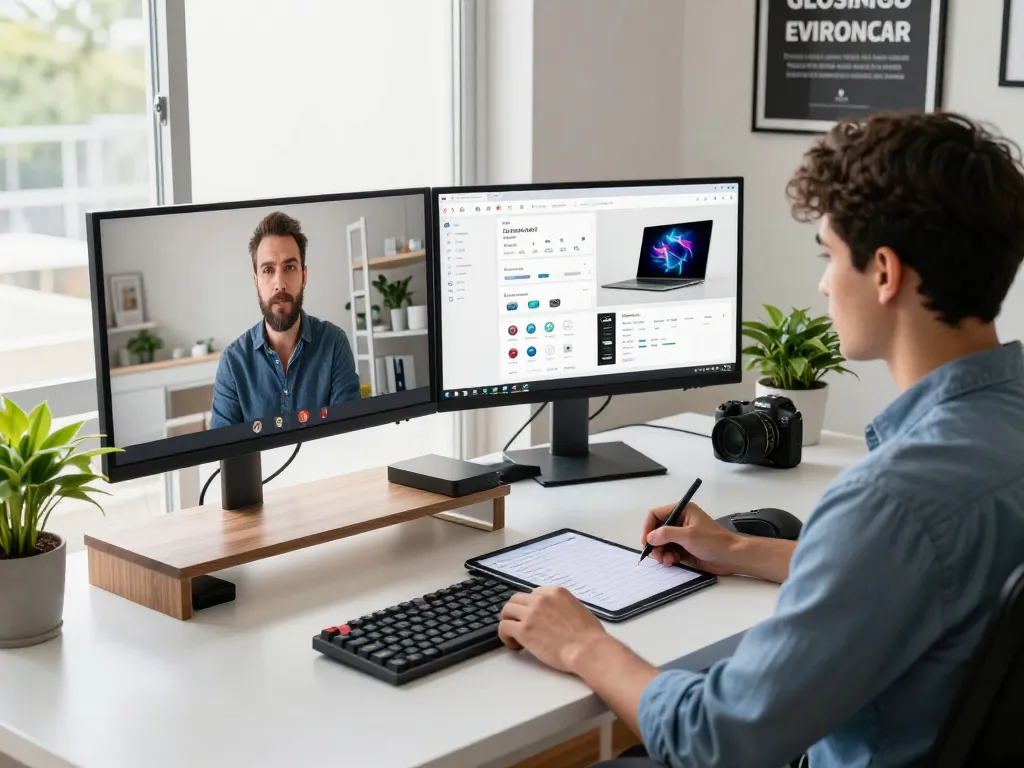 Innovative tech gadgets for productivity in a modern workspace with dual monitors and digital tools.